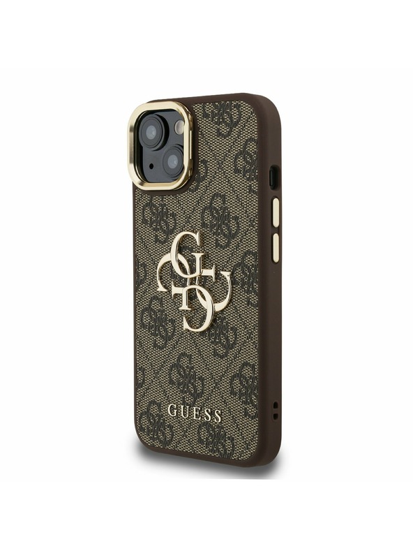 Guess Guess PU 4G Metal Logo Stand Camera Frame Zadnji ovitek za iPhone 13 Rjav