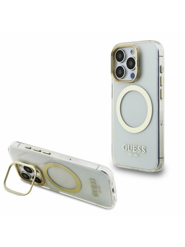 Guess Guess IML Gold Outline Stand Camera Frame MagSafe Zadnji ovitek za iPhone 15 Pro Prozoren