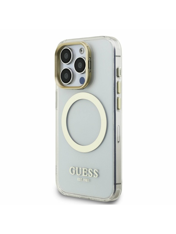 Guess Guess IML Gold Outline Stand Camera Frame MagSafe Zadnji ovitek za iPhone 15 Pro Prozoren