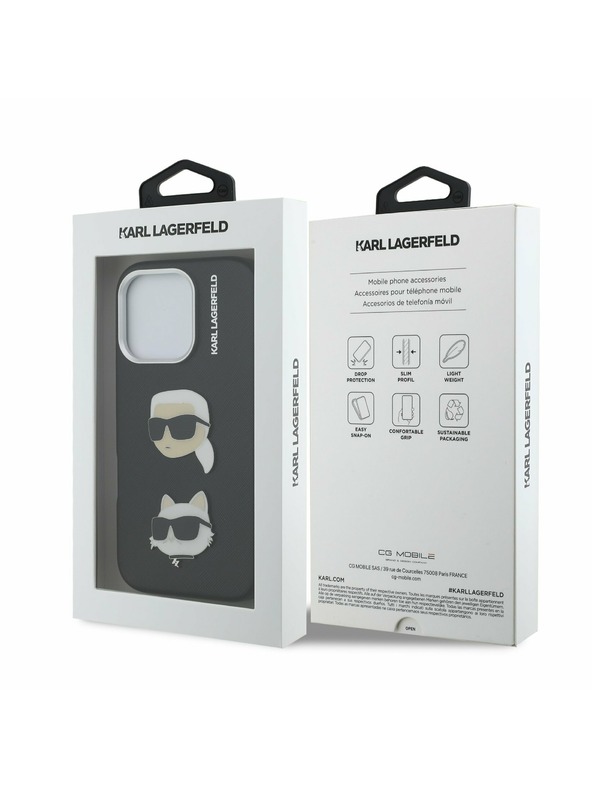 Karl Lagerfeld Karl Lagerfeld Grained PU K&CH Heads Zadnji Ovitek za iPhone 16 Pro Black