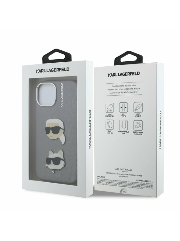 Karl Lagerfeld Karl Lagerfeld Grained PU K&CH Heads Zadnji Ovitek za iPhone 15 Grey