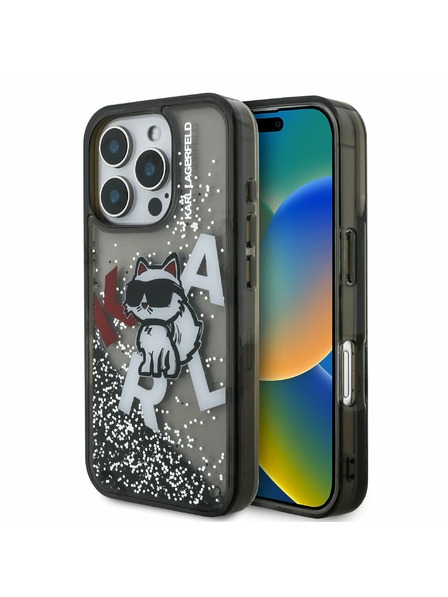 Karl Lagerfeld Karl Lagerfeld Liquid Glitter Scattered Choupette Zadnji Ovitek za iPhone 16 Pro Black