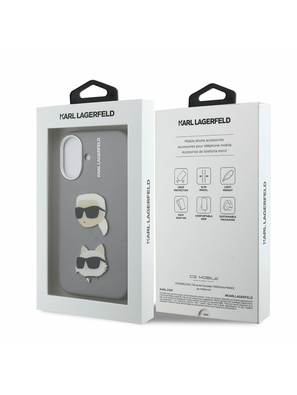 Karl Lagerfeld Karl Lagerfeld Grained PU K&CH Heads Zadnji Ovitek za iPhone 16 Grey