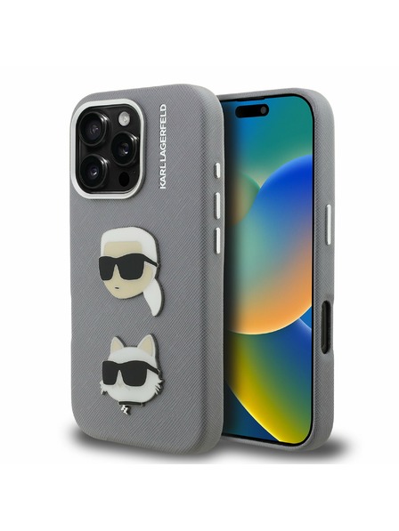 Karl Lagerfeld Karl Lagerfeld Grained PU K&CH Heads Zadnji Ovitek za iPhone 16 Pro Grey
