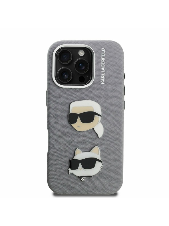 Karl Lagerfeld Karl Lagerfeld Grained PU K&CH Heads Zadnji Ovitek za iPhone 16 Pro Grey