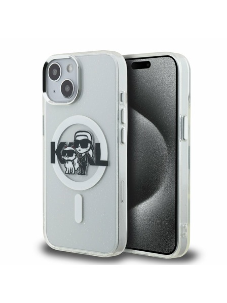 Karl Lagerfeld Karl Lagerfeld IML Bleščice Karl in Choupette Skica MagSafe Zadnji Pokrov za iPhone 15 Prozoren