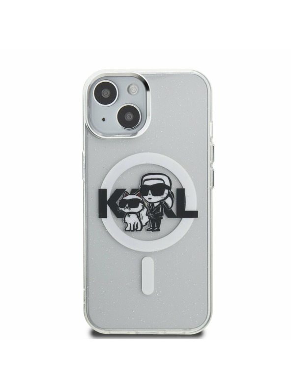 Karl Lagerfeld Karl Lagerfeld IML Bleščice Karl in Choupette Skica MagSafe Zadnji Pokrov za iPhone 15 Prozoren