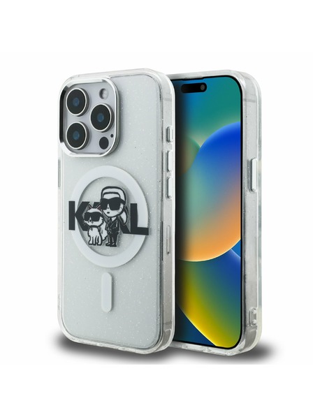 Karl Lagerfeld Karl Lagerfeld IML Bleščice Karl in Choupette Skica MagSafe Zadnji Pokrov za iPhone 15 Pro Prozoren