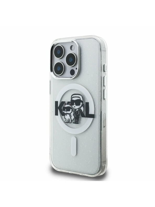 Karl Lagerfeld Karl Lagerfeld IML Bleščice Karl in Choupette Skica MagSafe Zadnji Pokrov za iPhone 15 Pro Prozoren