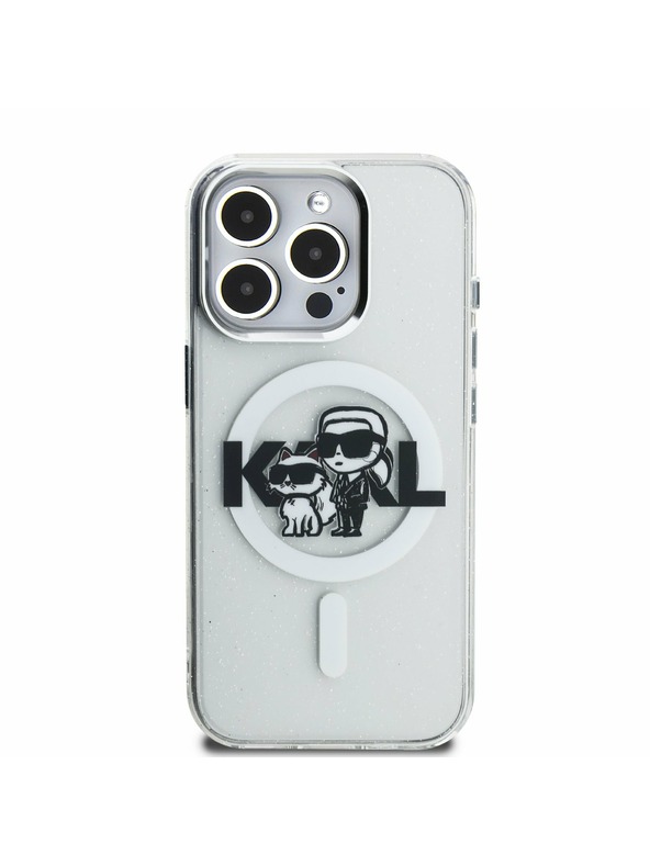 Karl Lagerfeld Karl Lagerfeld IML Bleščice Karl in Choupette Skica MagSafe Zadnji Pokrov za iPhone 15 Pro Max Prozoren