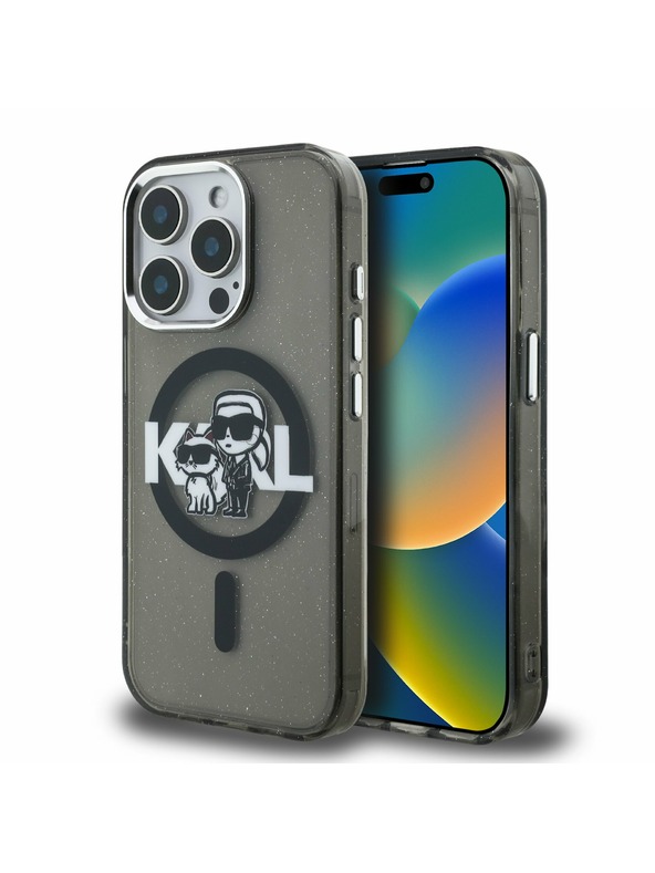 Karl Lagerfeld Karl Lagerfeld IML Bleščice Karl in Choupette Skica MagSafe Zadnji Pokrov za iPhone 15 Pro Max Črn