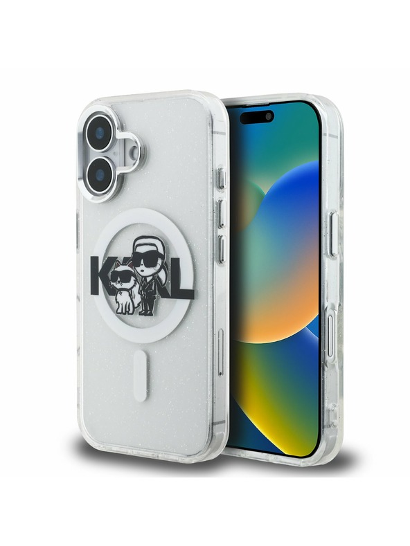 Karl Lagerfeld Karl Lagerfeld IML Bleščice Karl in Choupette Skica MagSafe Zadnji Pokrov za iPhone 16 Prozoren