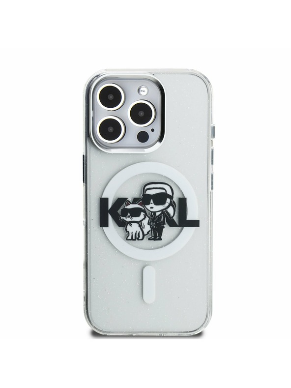 Karl Lagerfeld Karl Lagerfeld IML Bleščice Karl in Choupette Skica MagSafe Zadnji Pokrov za iPhone 16 Pro Prozoren
