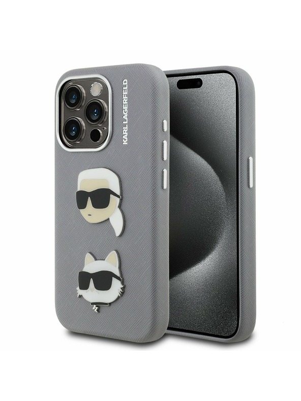 Karl Lagerfeld Karl Lagerfeld Grained PU K&CH Heads Zadnji ovitek za iPhone 15 Pro Grey