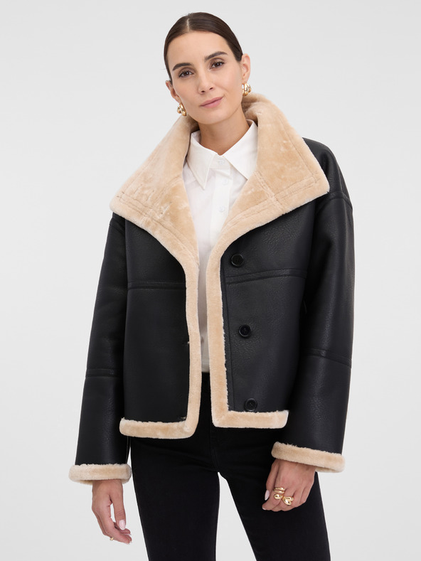 Orsay Črna ženska usnjena jakna z krznom ORSAY