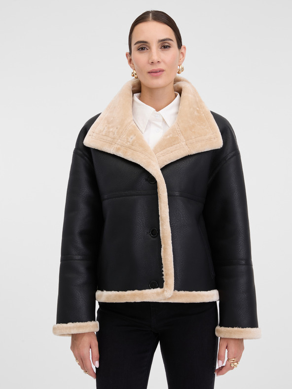Orsay Črna ženska usnjena jakna z krznom ORSAY