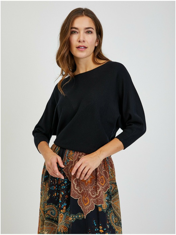 Orsay Črn ženski rebrast pulover z netopirjevimi rokavi ORSAY