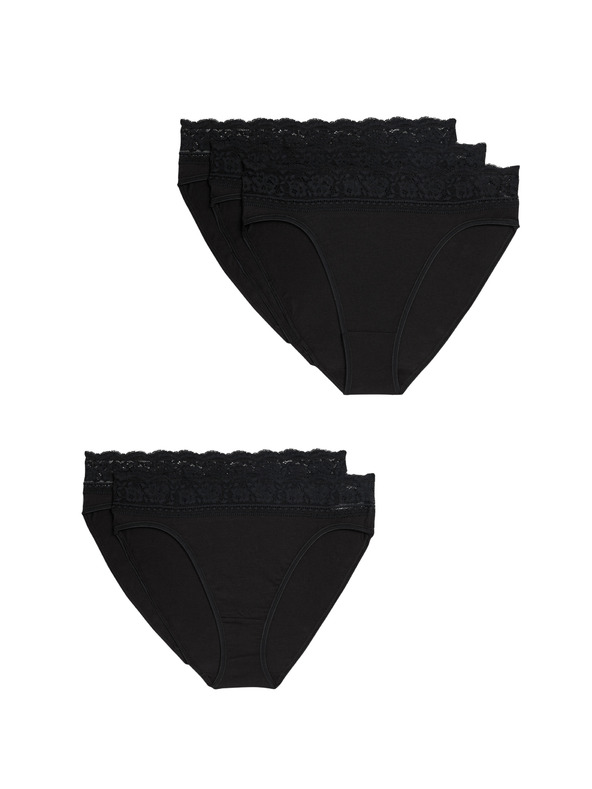 Marks & Spencer Bombažne čipkaste spodnjice z likrom, 5 paketov Marks & Spencer črne