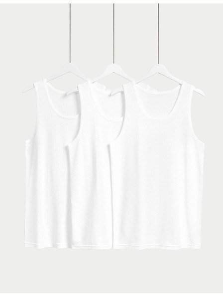 Marks & Spencer Klasične majice iz čiste bombaža brez rokavov, s mrežasto teksturo, 3 kosi Marks & Spencer bela