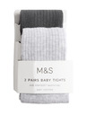 Marks & Spencer Komplet 2 parov najlonk z rebri in visokim deležem bombaža (0–3 leta) Marks & Spencer siva