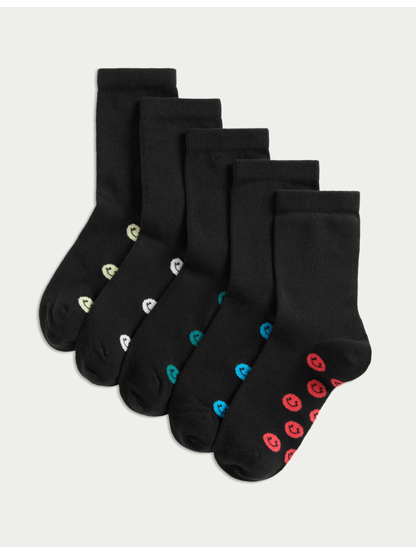 Marks & Spencer Šolske nogavice z visokim deležem bombaža in smajliji, 5 parov Marks & Spencer črna