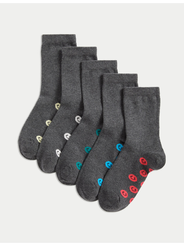 Marks & Spencer Šolske nogavice z visokim deležem bombaža in smajliji, 5 parov (6 majhne – 7 velike) Marks & Spencer siva