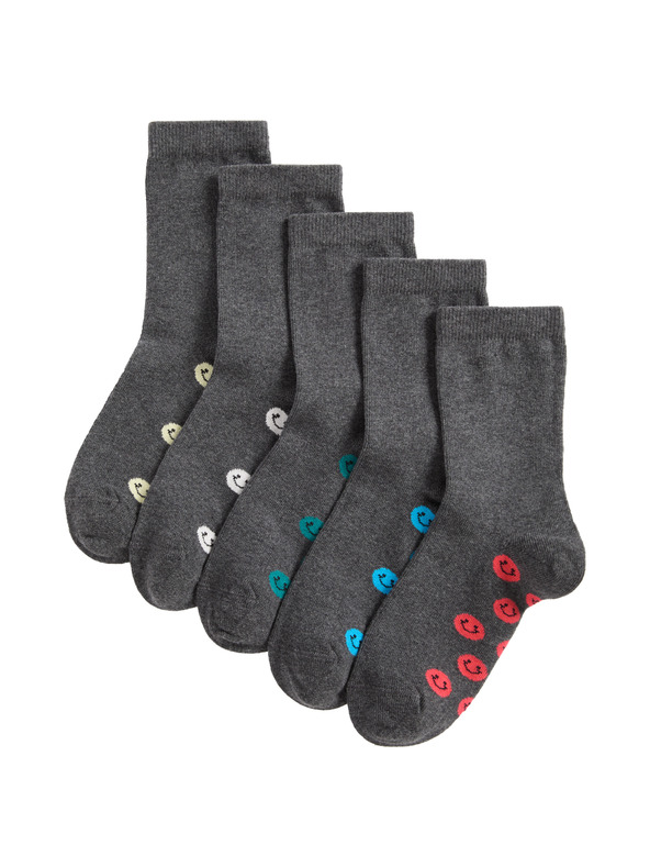 Marks & Spencer Šolske nogavice z visokim deležem bombaža in smajliji, 5 parov (6 majhne – 7 velike) Marks & Spencer siva