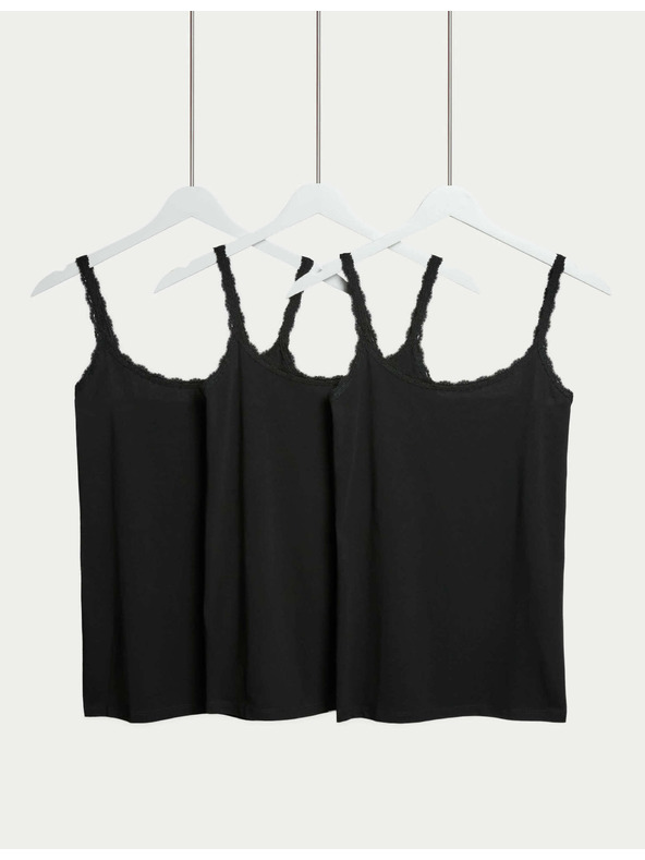 Marks & Spencer Tank top s čipkastim robom in visokim deležem bombaža, 3 kosi Marks & Spencer črna