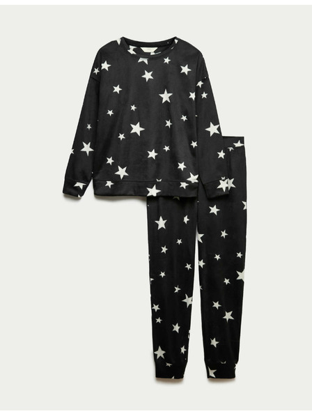 Marks & Spencer Flis pižama garnitura s potiskom zvezd in hlačami z manšetnim robom Marks & Spencer črna