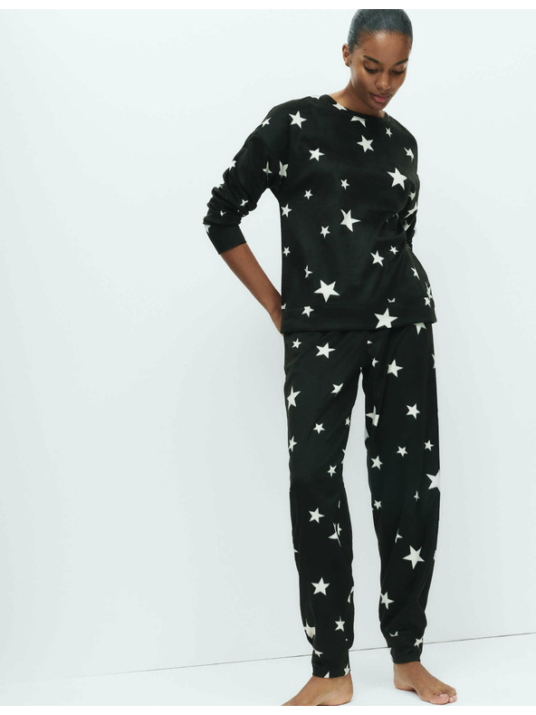Marks & Spencer Flis pižama garnitura s potiskom zvezd in hlačami z manšetnim robom Marks & Spencer črna