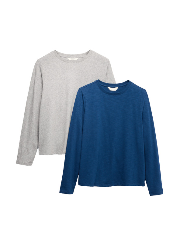 Marks & Spencer Zgornji deli pižame iz čiste bombaževine z dolgimi rokavi, 2 kosa Marks & Spencer mornarsko modra