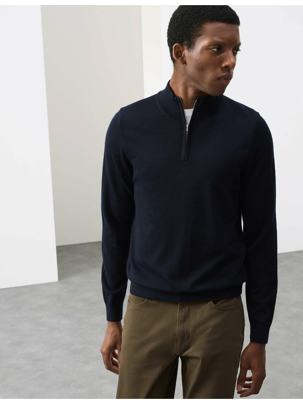 Marks & Spencer Pulover s kratkim zipom iz čiste ekstra fine merinove volne Marks & Spencer mornarsko modra