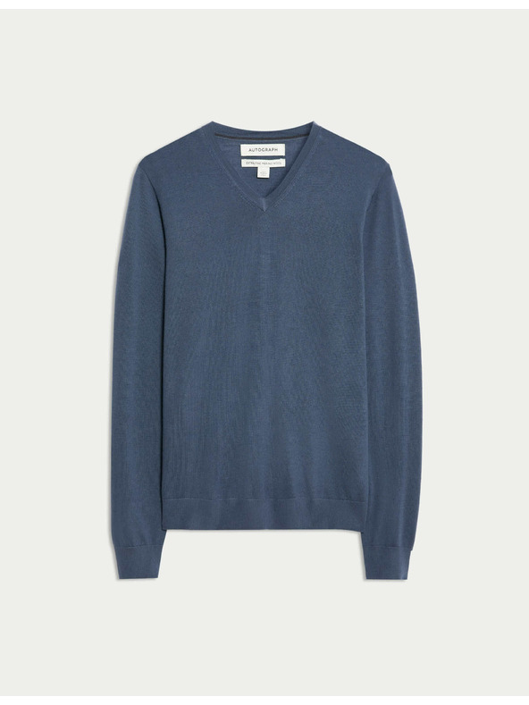 Marks & Spencer V-izrez pulover iz čiste izjemno fine merinove volne Marks & Spencer mornarsko modra