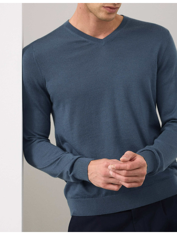 Marks & Spencer V-izrez pulover iz čiste izjemno fine merinove volne Marks & Spencer mornarsko modra