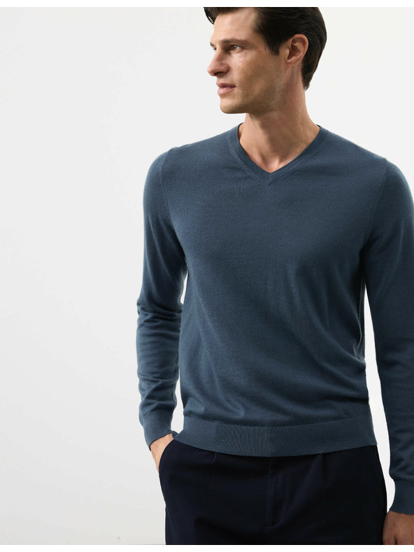 Marks & Spencer V-izrez pulover iz čiste izjemno fine merinove volne Marks & Spencer mornarsko modra