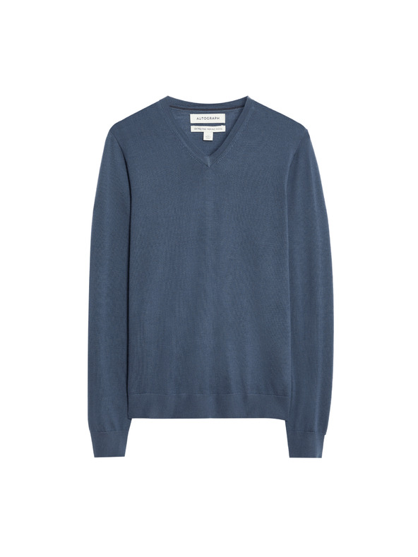 Marks & Spencer V-izrez pulover iz čiste izjemno fine merinove volne Marks & Spencer mornarsko modra
