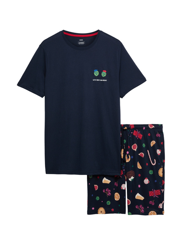 Marks & Spencer Božični domači komplet pižame z motivom hrane iz čiste bombaževine Marks & Spencer mornarsko modra