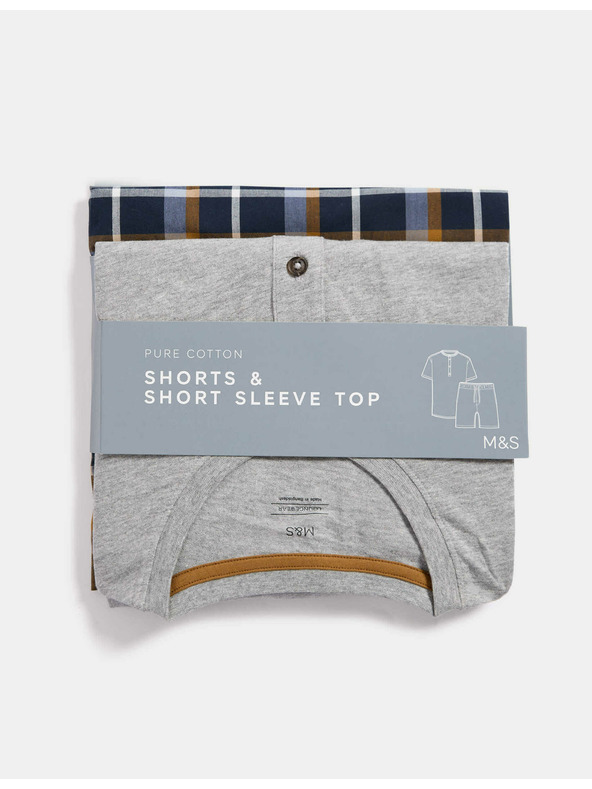 Marks & Spencer Karirasta pižama iz čiste bombažne tkanine z odprtim ovratnikom Marks & Spencer siva