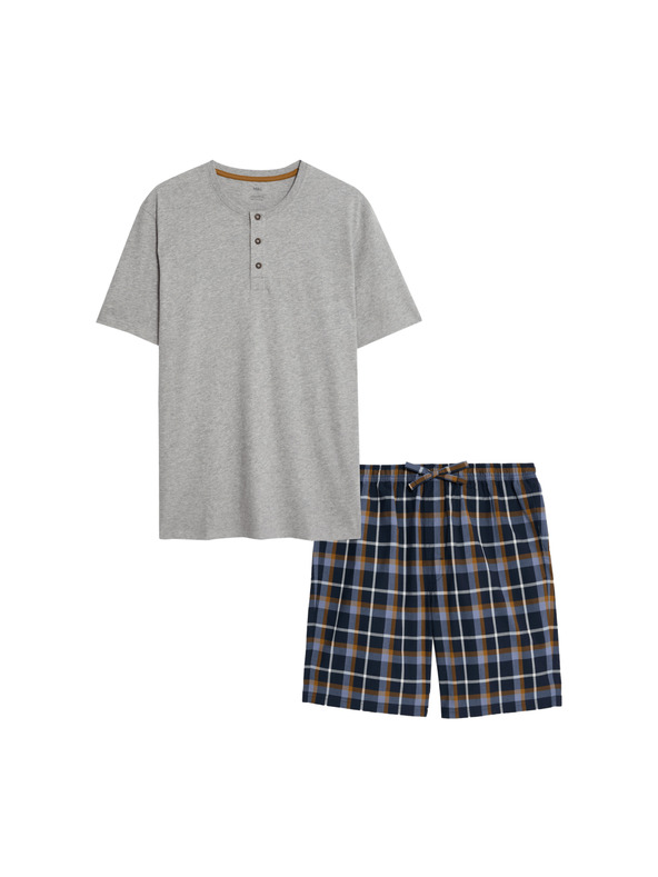 Marks & Spencer Karirasta pižama iz čiste bombažne tkanine z odprtim ovratnikom Marks & Spencer siva