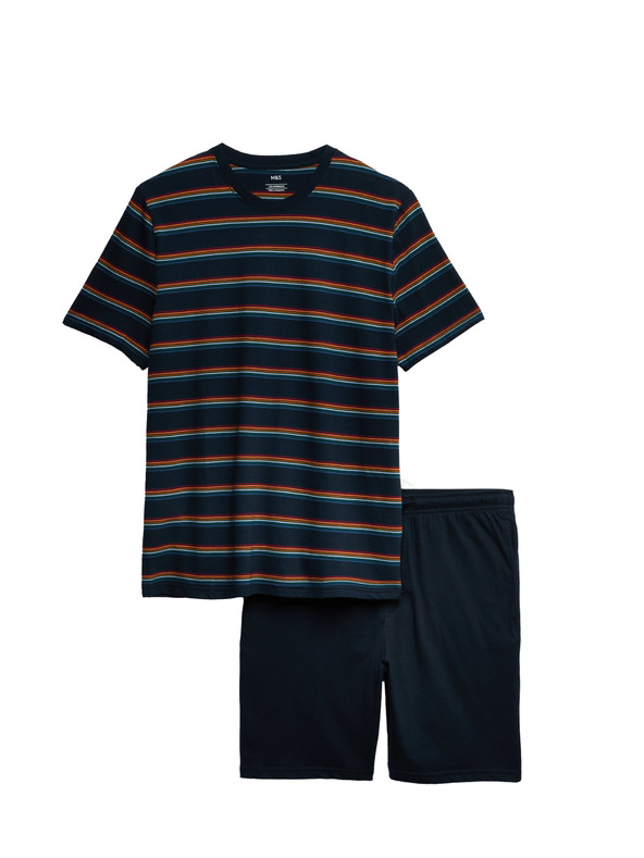 Marks & Spencer Pižama z mavričnimi črtami iz čiste bombažne tkanine Marks & Spencer mornarsko modra