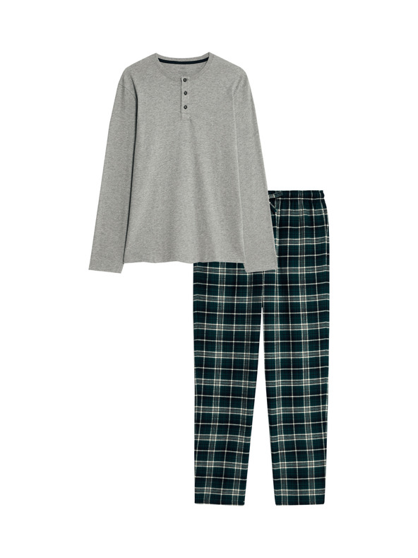 Marks & Spencer Karirasta pižama iz čiste bombažne tkanine z odprtim ovratnikom Marks & Spencer siva