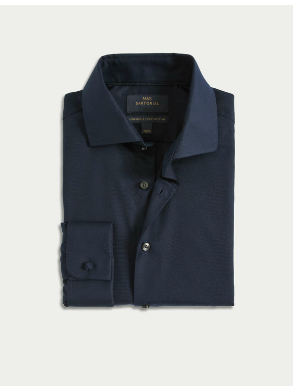 Marks & Spencer Keperjasta srajca ozkega kroja iz luksuzne bombaže z dvojno manšeto Marks & Spencer mornarsko modra