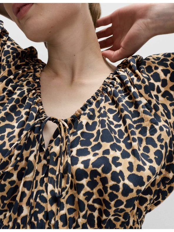 Marks & Spencer Midi obleka z izpostavljenim pasom, naborki, V-izrezom in živalskim potiskom Marks & Spencer bež