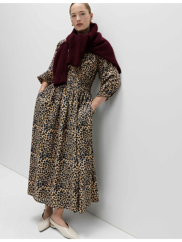 Marks & Spencer Midi obleka z izpostavljenim pasom, naborki, V-izrezom in živalskim potiskom Marks & Spencer bež