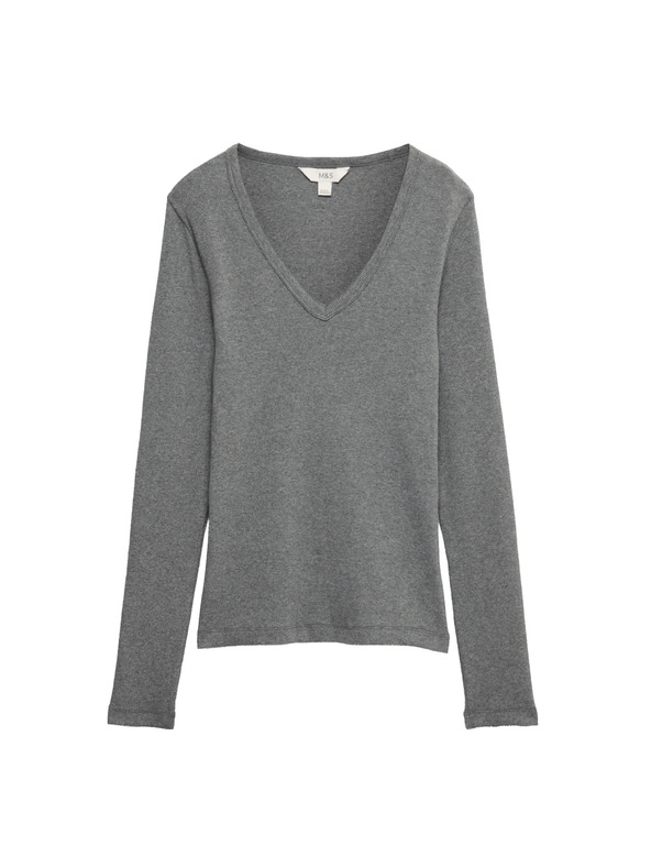 Marks & Spencer Rebrast top z V-izrezom z visokim deležem bombaža Marks & Spencer siva