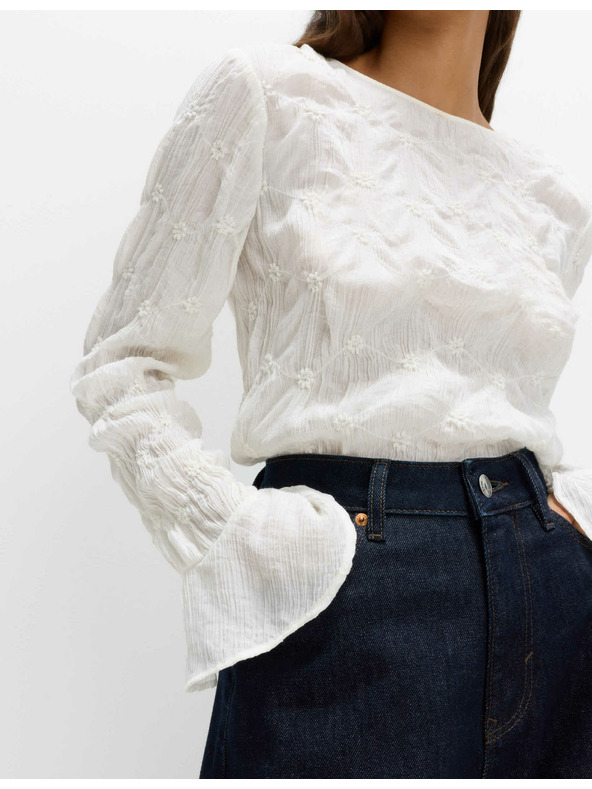 Marks & Spencer Čipkasta teksturirana bluza z okroglim izrezom Marks & Spencer smetanova