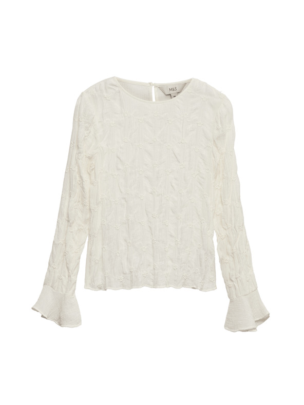 Marks & Spencer Čipkasta teksturirana bluza z okroglim izrezom Marks & Spencer smetanova
