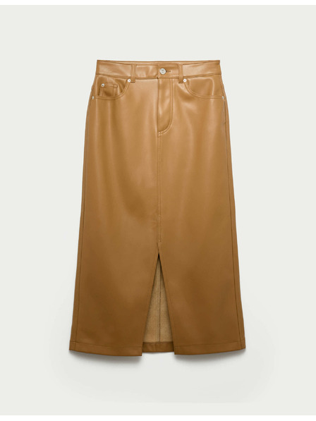 Marks & Spencer Usnjena A-midi krilo z rezom spredaj Marks & Spencer rjava