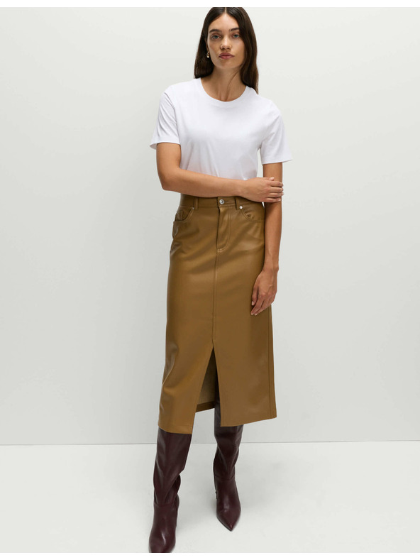 Marks & Spencer Usnjena A-midi krilo z rezom spredaj Marks & Spencer rjava