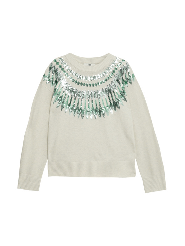 Marks & Spencer Ohlapni božični pulover z vzorcem Fair Isle in bleščicami Marks & Spencer zelena